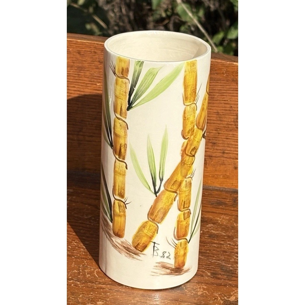 Vintage Studio Art Pottery Vase Hand Painted Bamboo Signed 1982 JB Japandi 8"
